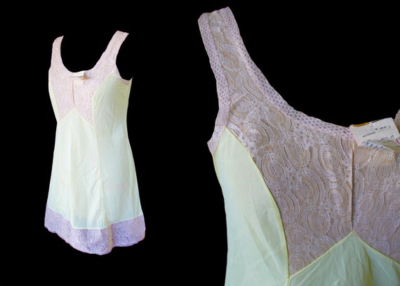 1970s vintage slip dress light yellow lace slip dr