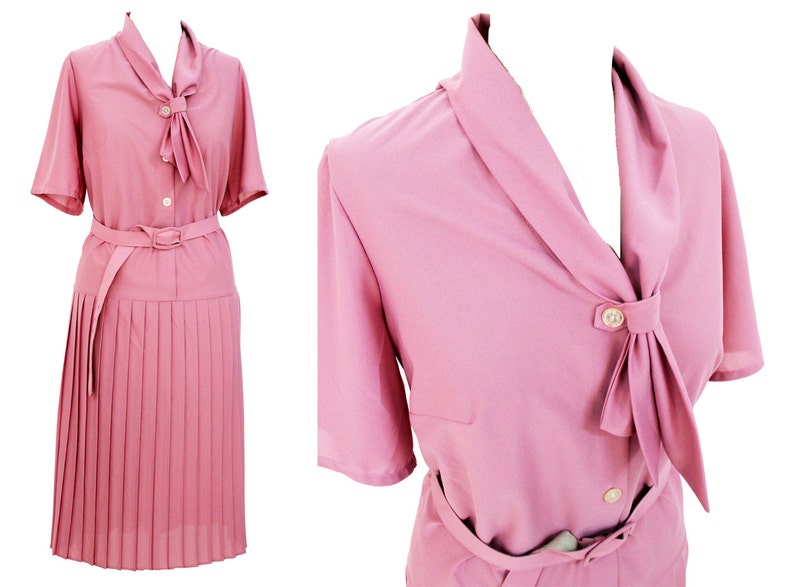 Vintage 1980's  St. Michael pretty in pink neck tie pleated midi dress | casual dress | 80s prom dress 