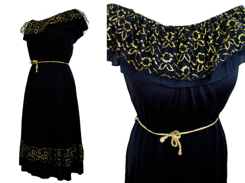 Vintage offshoulder black gold lace dress | mexican dress | 80s prom dress | Party dress 