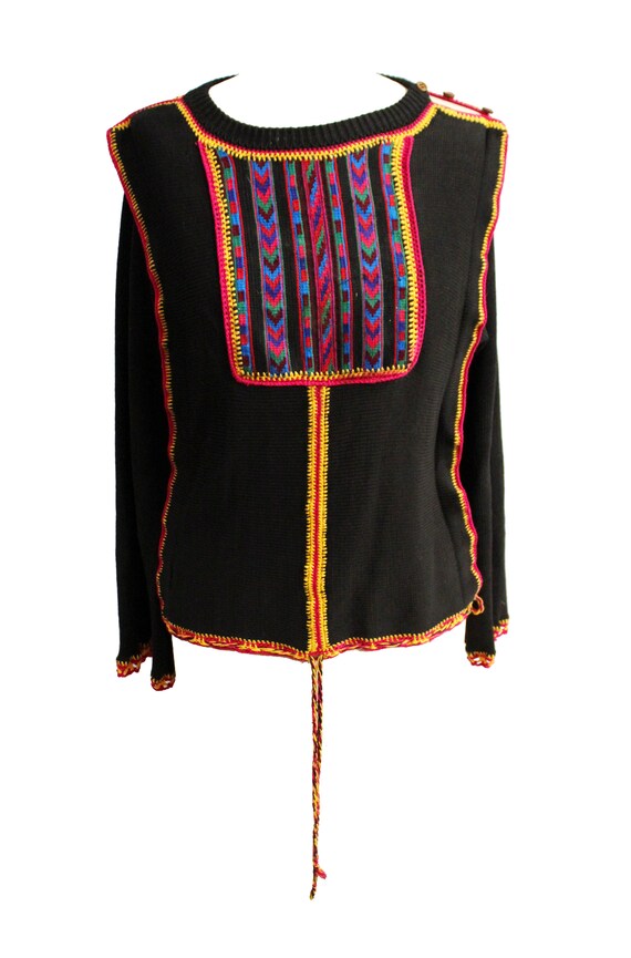 Vintage 1970's mexican sweater by Girasol black e… - image 2