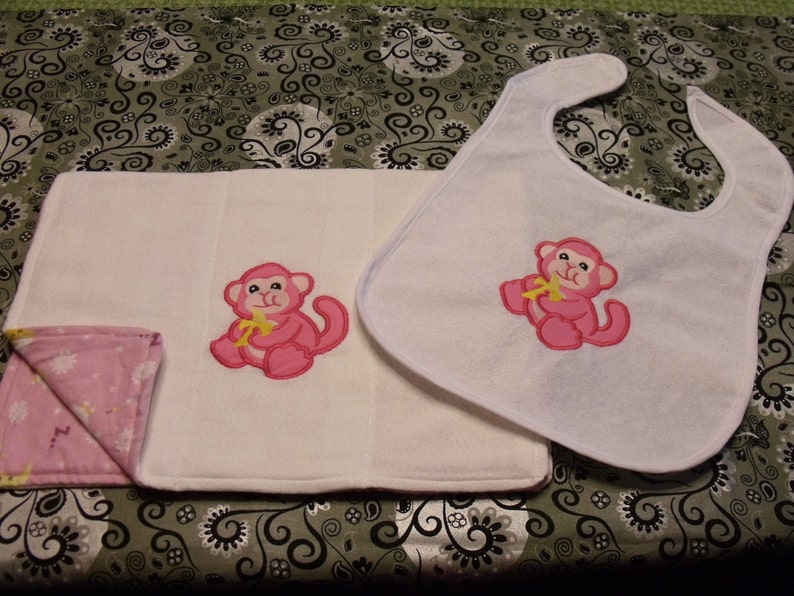 newborn gift Baby Girl bib and burp cloth baby girl gift Monkey bib and Burp Cloth girl -Applique burp cloth shower gift
