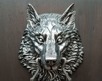 Wolf Head Door Knocker, Large Cast Bronze with a Nickel Plated Finish