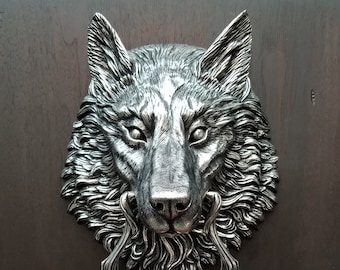 Wolf Head Door Knocker, Large Cast Bronze with a Nickel Plated Finish