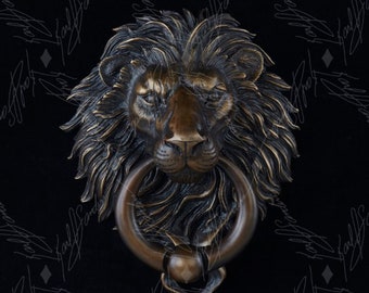 Lion Door Knocker with Ball Ring. Cast Bronze with a Classical Bronze Patina Finish.