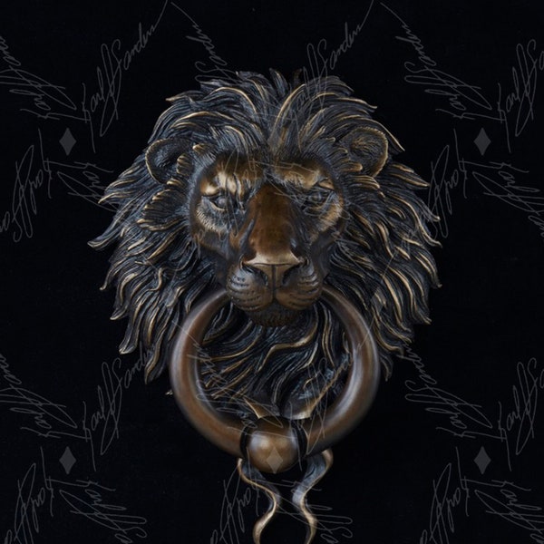 Lion Door Knocker with Ball Ring. Cast Bronze with a Classical Bronze Patina Finish.