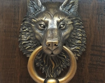 Wolf Door Knocker, Cast Bronze with a Classic Brown Bronze Finish.