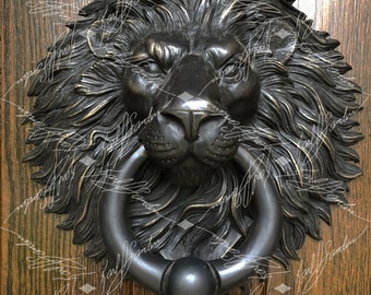 Lion Door Knocker With Ball Ring. Very Large. Cast Bronze with a Rubbed Black Patina Finish.