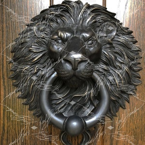 Lion Door Knocker With Ball Ring. Very Large. Cast Bronze with a Rubbed Black Patina Finish.
