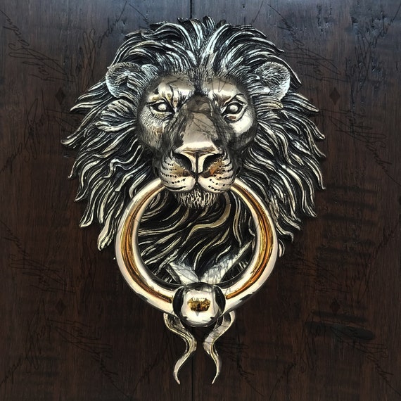 Nickel Plated Bronze Lion Head Door Knocker Etsy