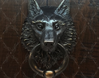 Wolf Door Knocker with Ball Ring, Cast in Bronze with a Black Patina Finish and buffed Bronze Highlights
