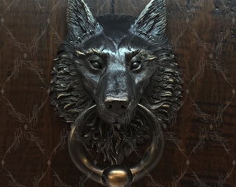 Wolf Head Door Knocker with Ball Ring, Cast in Bronze with a Black Patina Finish and buffed Bronze Highlights