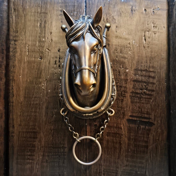 Horse Door Knocker With a Classic Brown Patina Finish and Buffed