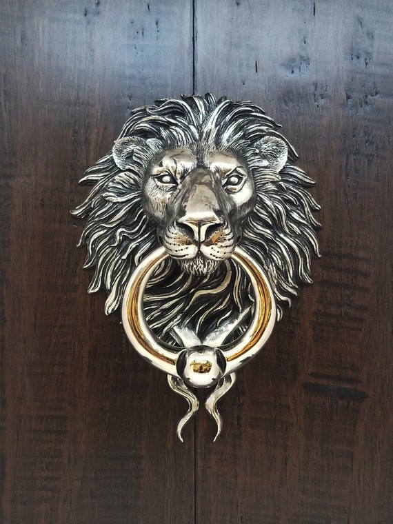 Nickel Plated Bronze Lion Head Door Knocker Etsy