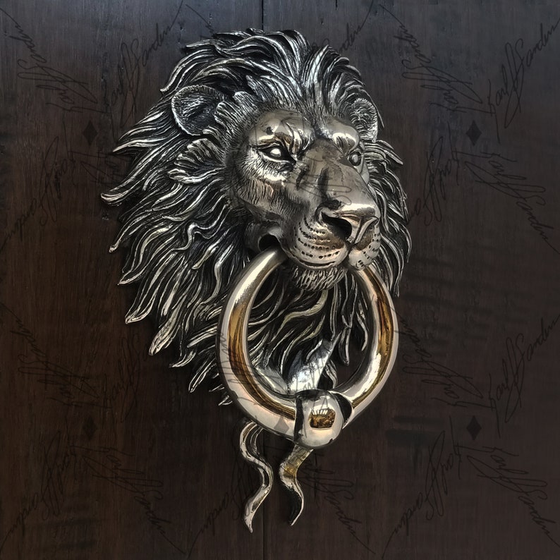 Nickel Plated Bronze Lion Head Door Knocker Etsy
