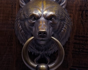 Bear Door Knocker With Ball Ring, Cast Bronze in Classic Brown Bronze Patina Finish.