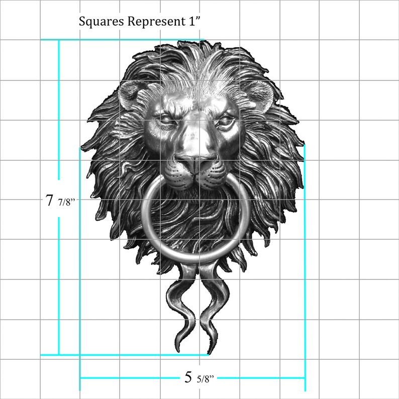 May include: A silver lion's head door knocker with a ring. The knocker measures 7 7/8 inches tall and 5 5/8 inches wide.