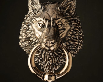 Aldrava de porta Wolf, bronze fundido com acabamento em bronze polido - parece dourado