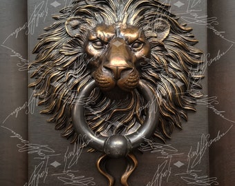 Lion Door Knocker With Ball Ring. Very Large. Cast Bronze with a Classic Brown Patina Finish.