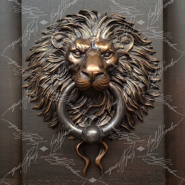 Lion Door Knocker With Ball Ring. Very Large. Cast Bronze with a Classic Brown Patina Finish.