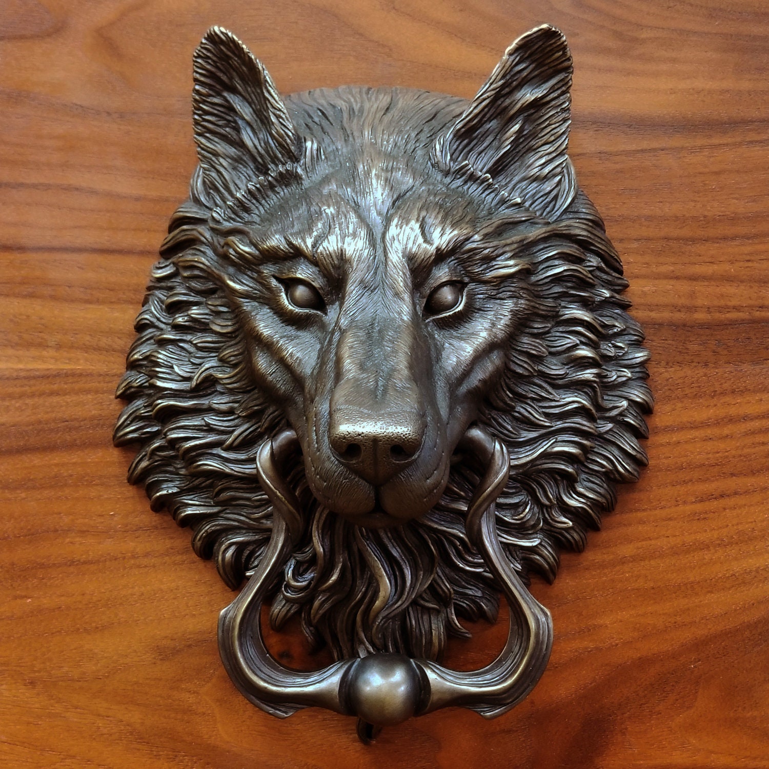 Wolf Head Door Knocker, Large Cast Bronze in a Classic Brown