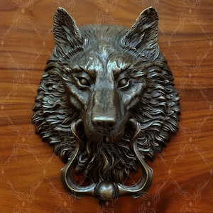 Wolf Head Door Knocker, Large Cast Bronze in a Oil Rubbed Black finish.