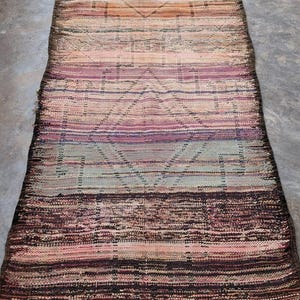 May include: A long, narrow, woven rug with a colorful striped pattern. The rug has a fringe on both ends and is made of natural fibers. The colors in the rug are a mix of pink, purple, brown, and yellow.