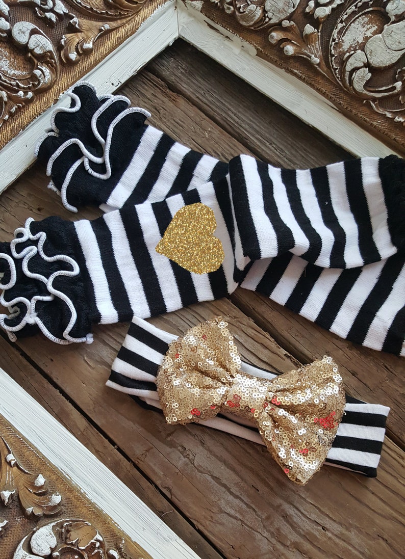 BABY GIRL Black and White Stripe Leg warmer and Headband Gold Etsy