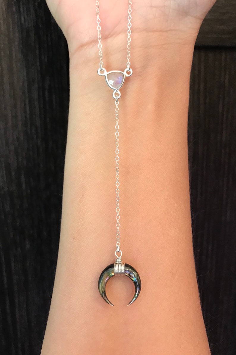 Rainbow Moonstone Abalone Double Horn Lariat Necklace Crescent Y Drop Necklace