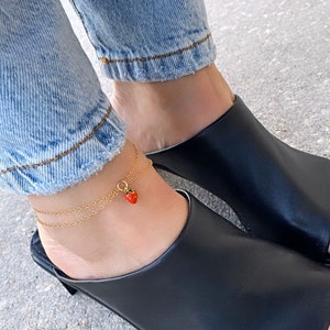 Strawberry Picking Layered Gold Filled Anklet, Enamel Fruit, 14k Gold Filled or Sterling Silver, Valentines Day Gift