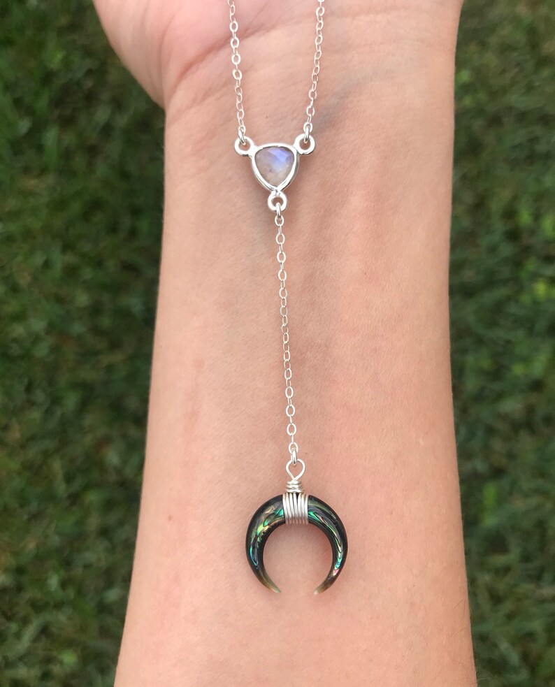Rainbow Moonstone Abalone Double Horn Lariat Necklace Crescent Y Drop Necklace