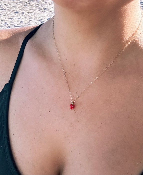 Tiny Strawberry Necklace, 14k Gold Filled Dainty Fruit Enamel Necklace, Strawberry Picking Necklace, Dainty Gold Necklace