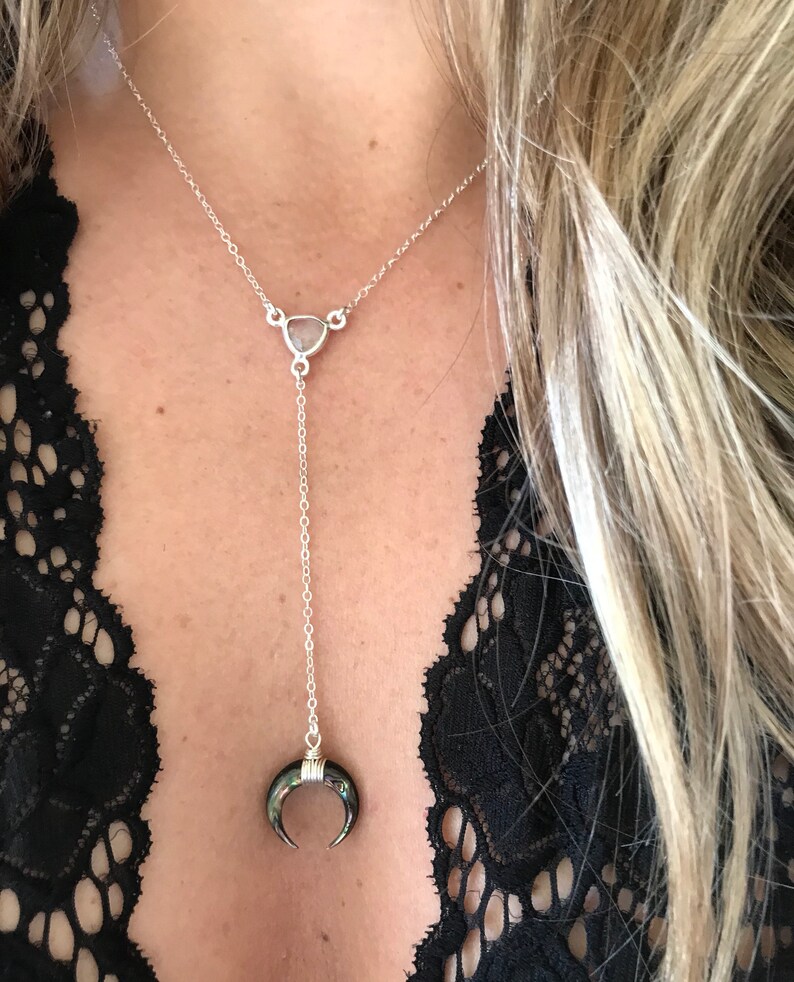 Rainbow Moonstone Abalone Double Horn Lariat Necklace Crescent Y Drop Necklace