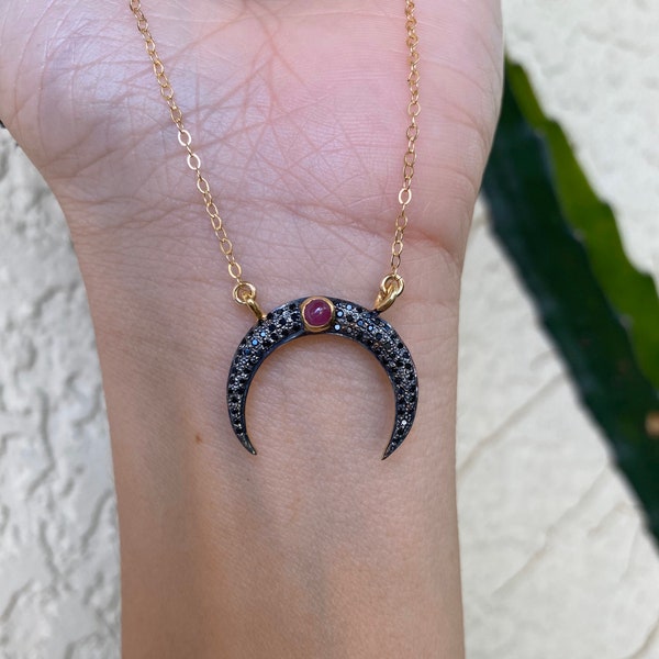 Black Spinel Ruby Pave Double Horn Necklace, Black Crescent Moon Necklace, Gold Fill, July Birthstone, Naja