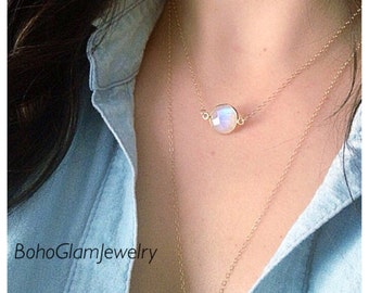 Simple Floating Rainbow Moonstone Necklace - 14k Gold Filled Tiny Necklace - Everyday June Birthstone Necklace