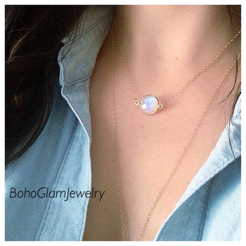 Simple Floating Rainbow Moonstone Necklace - 14k Gold Filled Tiny Necklace - Everyday June Birthstone Necklace 