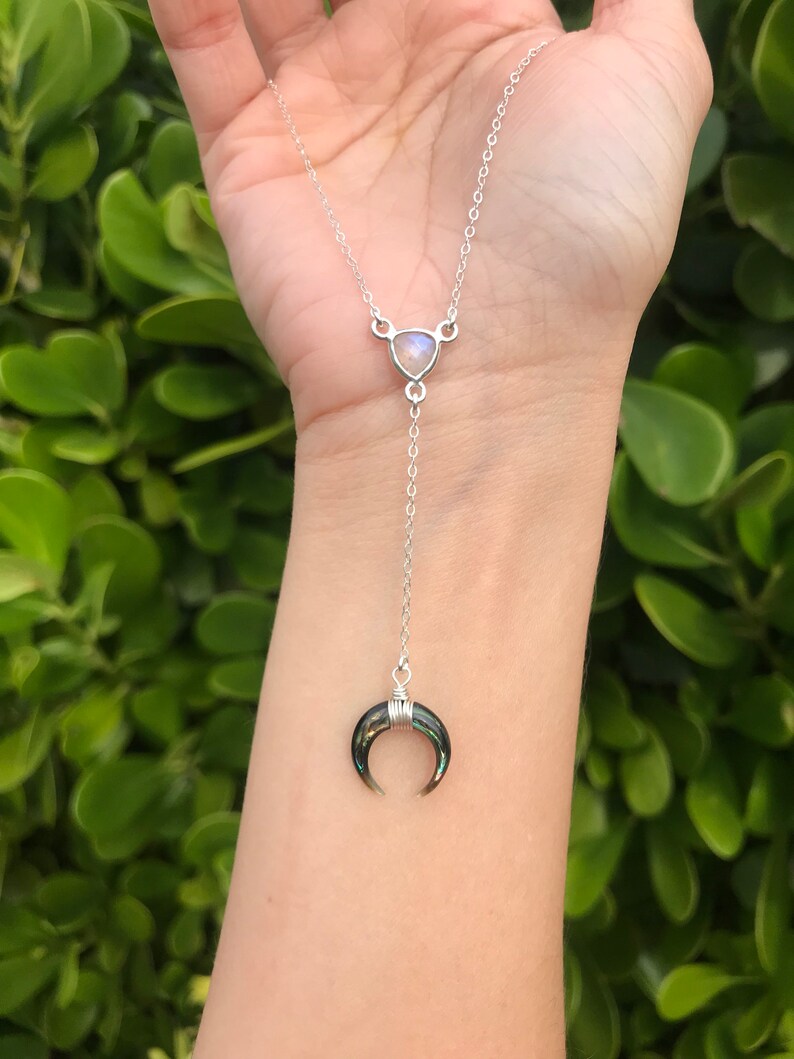 Rainbow Moonstone Abalone Double Horn Lariat Necklace Crescent Y Drop Necklace