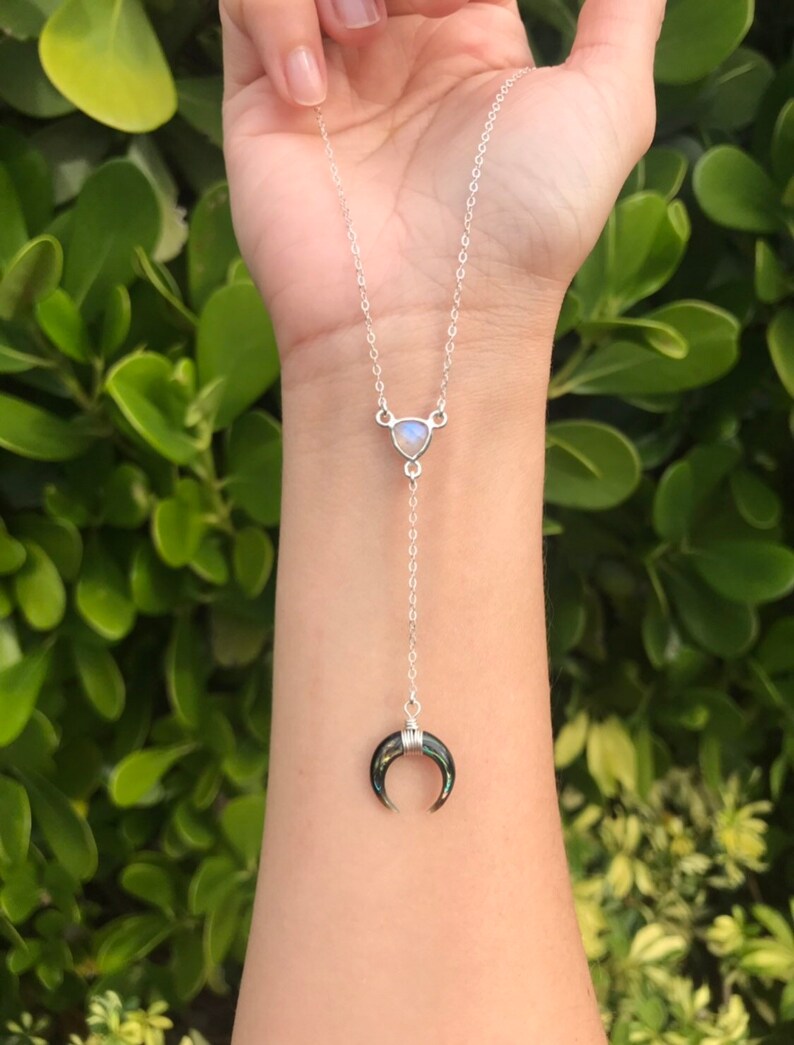 Rainbow Moonstone Abalone Double Horn Lariat Necklace Crescent Y Drop Necklace