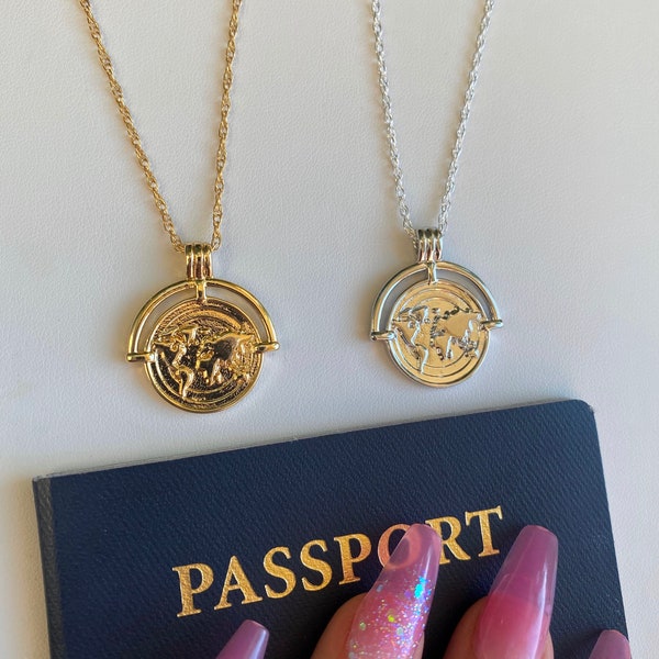 Travel Lust Globe Coin Necklace, 14k Gold Filled Thicker Chain, Sterling Silver Globe