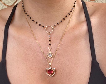 Loved , Pave Ruby Heart Necklace, Oversized Twisty Chain Gold Heart, Mother’s Day