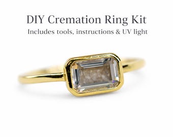 DIY Cremation Ring Kit, Create Your Own Memorial Keepsake Ring, Emerald Cut Bezel Setting, Sterling Silver or Gold Vermeil Cubic Zirconia
