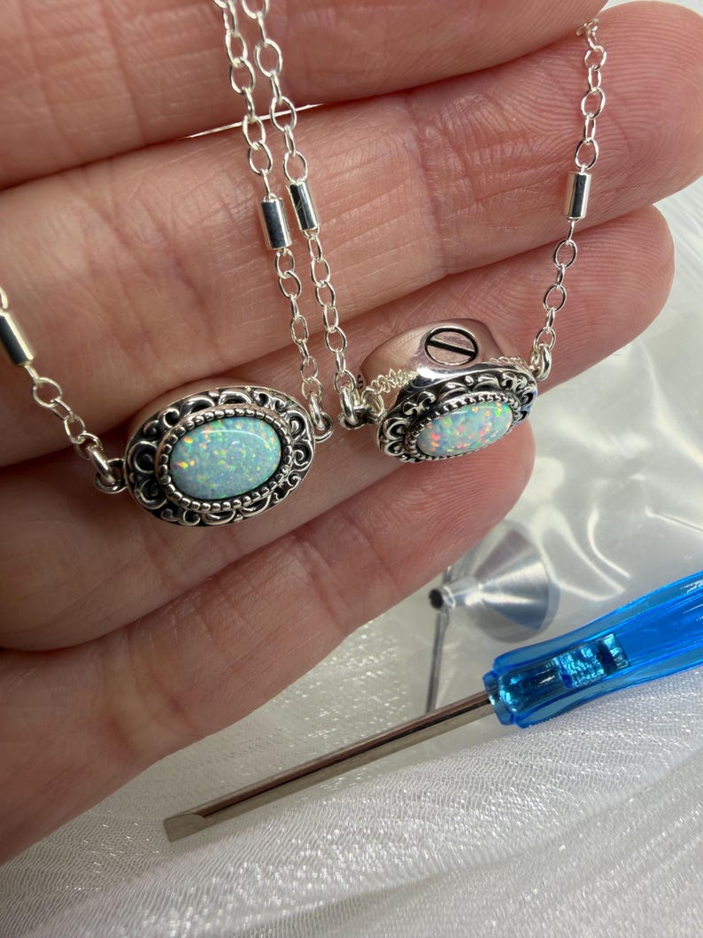 Opal Urn Neckalce, Fill Yourself Cremation Necklace, Ashes Jewelry, Pet Memorial, Necklace Urn, October Birthstone Keepsake DIY image 14