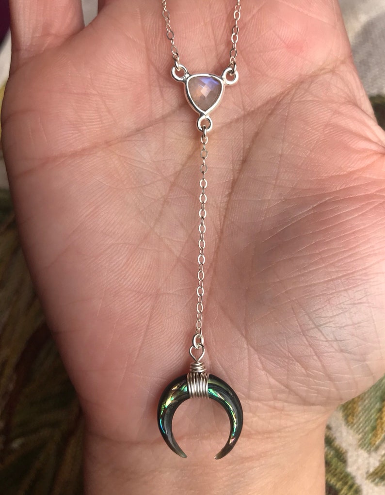 Rainbow Moonstone Abalone Double Horn Lariat Necklace Crescent Y Drop Necklace
