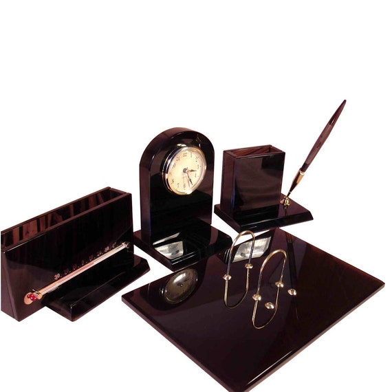 Classic Office Desk Organizer Made From Obsidian With Thermometer Clock Calendar Holder Paper Tray Pen And