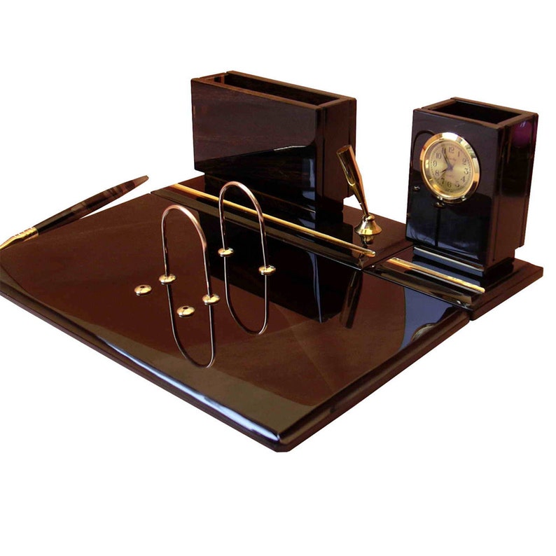 Classic Office Desk Organizer Made From Natural Obsidian With Clock Calendar Holder Paper Tray And Pen To Order