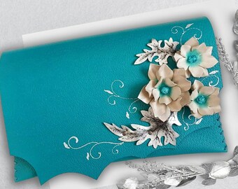 Silver Flowers Teal bag, Teal leather purse,Teal clutch, White flowers bag, Teal handbag, Christmas gift ,Gift for her,Birthday gift for her