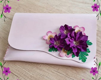 Pastel purse with flowers, Nude floral clutch, Purple flowes handbag, Elegant leather purse, Anniversary gift,Gift for her, Leather gift