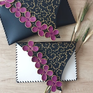 Unusual floral clutch Unique design clutch Purple Leather flowers bag Original design Handpainted clutch Designer purse Bridesmaid clutch