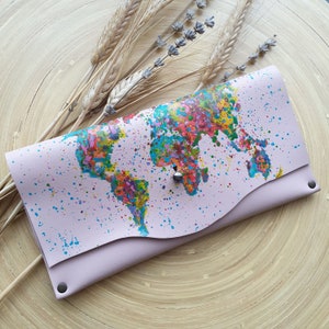 Cartera de cuero del mapa del mundo, cartera de sobre en efectivo, regalo del mapa del mundo, cartera de las mujeres, cartera de mapa pintado, billetera colorida, cartera pintada