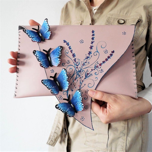 Butterfly leather bag, Butterflies clutch bag, Bridesmaid clutch, Bridesmaid gift, Boho bag with butterflies, Handpainted purse, Artisan bag