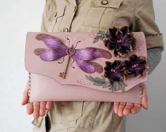 Purple Dragonfly bag Purple Flowers purse Unique leather bag Painted leather clutch bag Floral clutch  Unusual bag Unusual leather purse